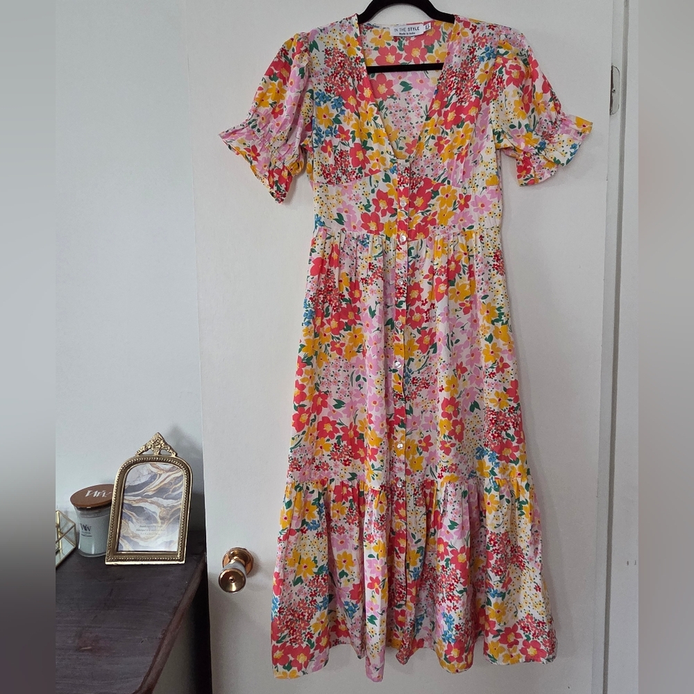 In The Style Floral Pink Tiered V-Neck Multicolored  Maxi Dress
